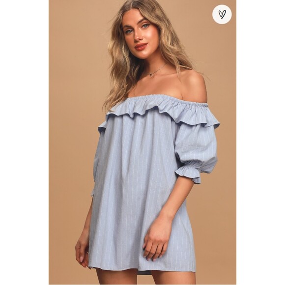 Lulus Blue Striped Off Shoulder Shift Mini Dress Cotton Blend Summer Vibes Sz M - Picture 1 of 6